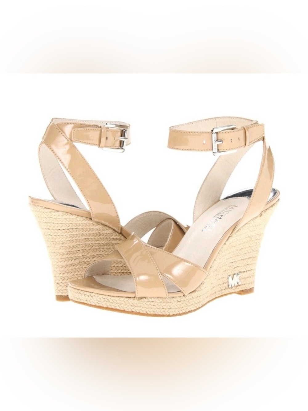 Michael Kors Nude Patent Espadrille Wedge Sandals with Ankle Strap